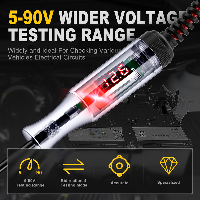 Automotive Test Light 5-90V Digital LED Circuit Tester with Voltage Display, Auto Bidirectional Light Tester, Electrical Voltage Tester with Extended Spring Wire & Probe for Car/RV/Vehicles Basic 90V LED Digital Display