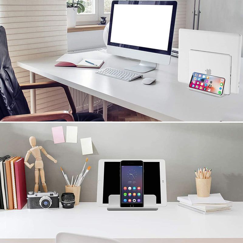 Vertical Laptop Stand [Updated Version], 3 Slot Desktop Stand Holder with Adjustable Dock, 4 in 1 Design Space-Saving Laptop Stand for Desk MacBook/Surface/Samsung/HP/Dell/Chrome Book (Silver) Silver
