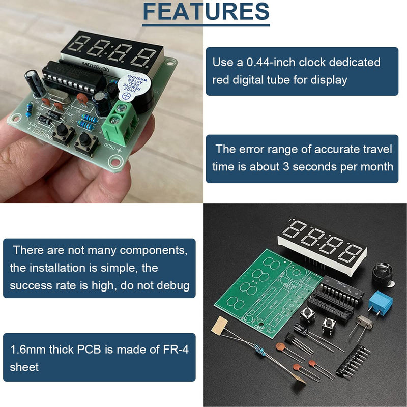 DAOKAI 4 Bits Digital Clock DIY Kit LED Electronic Clock Production PCB Soldering Practice Board for Curriculum Exercises Welding Exercises, with USB 2.0 Plug Cable