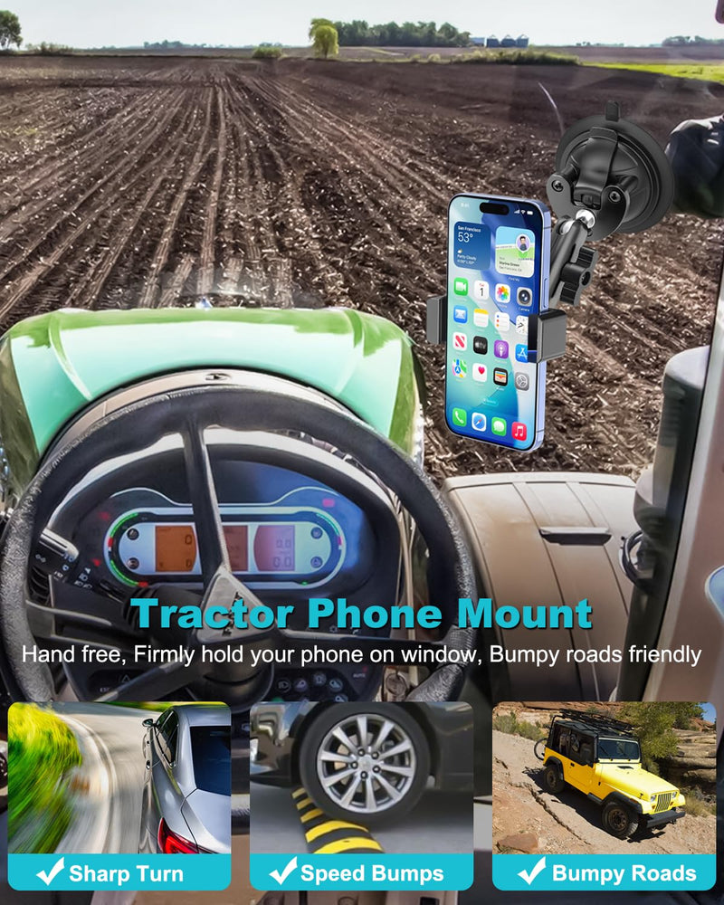 Tractor Phone Mount, [Metal Arm & Clip] Super Suction Cup Cell Phone Holder for Tractor Cab, Windshield Phone Stand for Heavy Duty Equipment, Excavator, Fits iPhone 16 15 14, Galaxy, 4-7" Phone