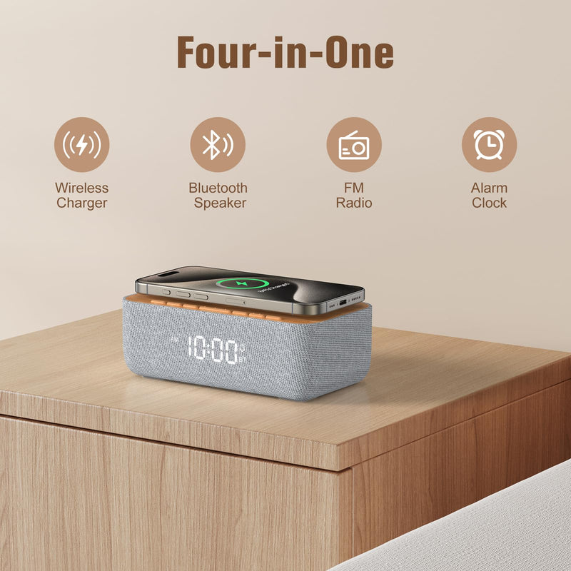 REACHER Alarm Clock Radio, Magnetic Wireless Charger for iPhone Fast Charging, Alarm Clock with Wireless Charging, Bluetooth Speaker, FM Radio, Bedroom, Bedside, Desk