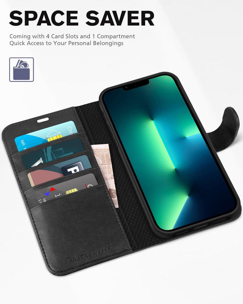 TUCCH Case for iPhone 13 Pro Max 5G, Shockproof TPU Synthetic Leather Case [RFID Blocking] Wallet, Stand Function Magnetic Clasp Cover Compatible with iPhone 13 Pro Max (6.7 inch, 2021) – Black