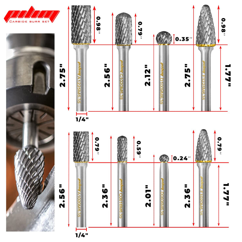 Tungsten Carbide Burr Set 1/4" Shank 8PC Double Cut Rotary Cutting Burrs Die Grinder Bits for Steel and Wood Working, Grinding, Carving, and Engraving Set 8 - 1/4 Shank