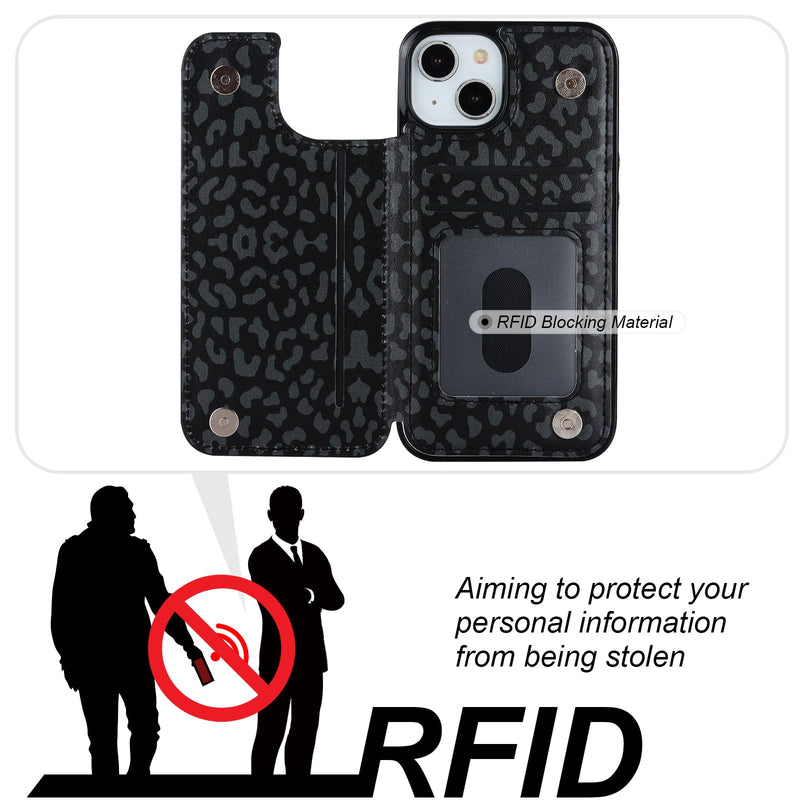 HAOPINSH for iPhone 13/14 Wallet Case with Card Holder, Black Leopard Cheetah Pattern Back Flip Case PU Leather Kickstand Card Slots Case for Women Girls, Double Magnetic Clasp Cover 6.1"