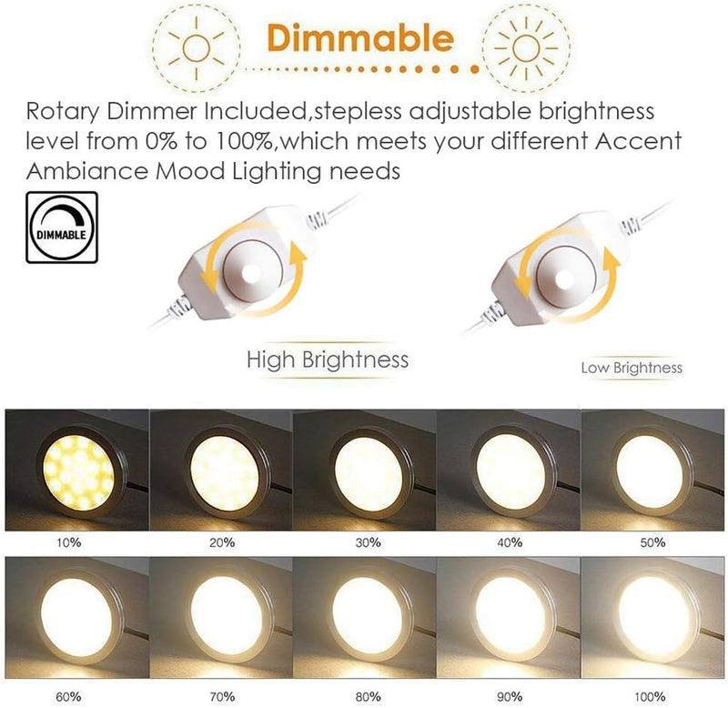 Cefrank Dimmable Puck Lights, 6pcs Warm White Bookcase Lighting Kit w/Rotary Dimmer Switch, Total of 18W, 1500 Lm LED Under Cabinet Lights - Warm White, 3000K