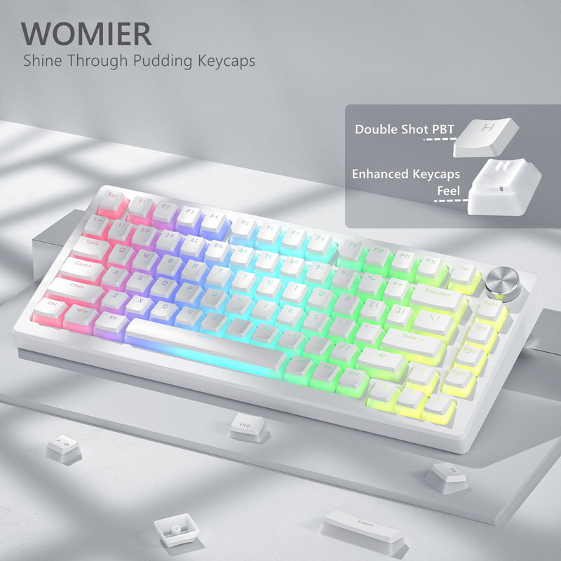 Womier Pudding Keycaps, White PBT Keycaps 100 Percent Keyboard 130 Keys, Shine Through Keycaps, Custom Keyboard Keycaps OEM Profile for 100%, 75%, 65%, 60% MX-stem Switches Keyboard-White