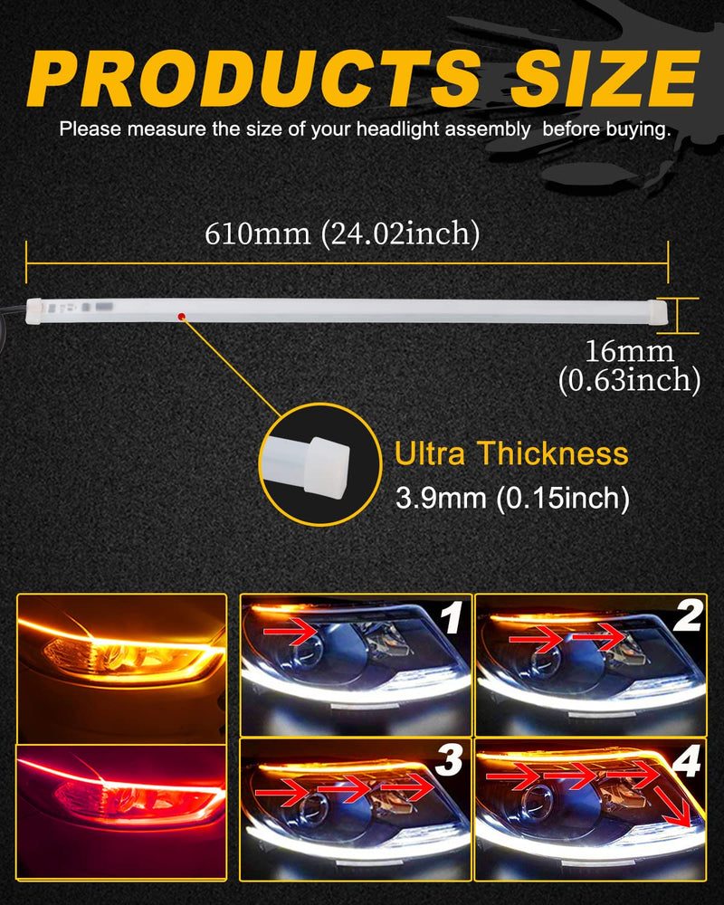 Qasim Sequential Flowing LED Strip 24inch Red+Yellow Daytime Running Lights 60cm Turn Signal Guide Driving Light Strip Auto Car Motorcycle Accessories 2-Pack 60CM Red&Amber