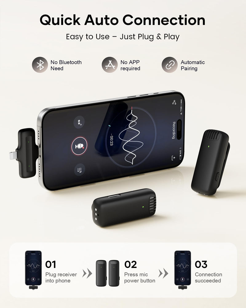 Wireless Lavalier Microphone for iPhone iPad Android with Charging Case,Lapel Mic with Noise Reduction,36H Battery Life, 135ft Range, Mini Microphone for Video Recording,YouTube,Vlog,Live Streaming Mic 2 (2 TX + 1 RX + Case + Wind Covers)