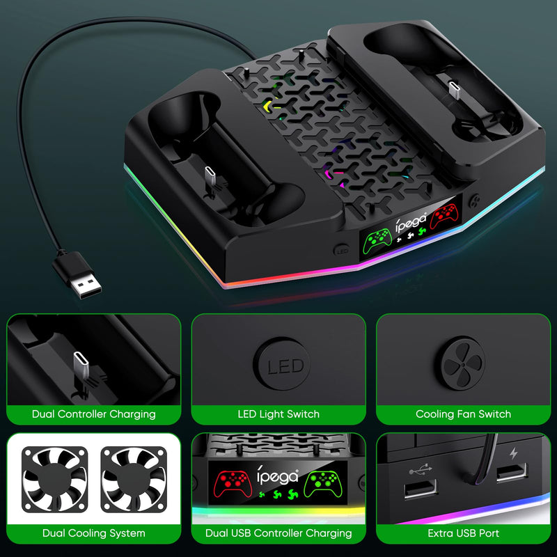 MENEEA Upgraded Cooling Fan Stand for Xbox Series S with Charger Station, Controller Charging Dock & Console Cooler System with 15 Colorful RGB Light & Headset Hook, Accessories for Xbox Series S Black