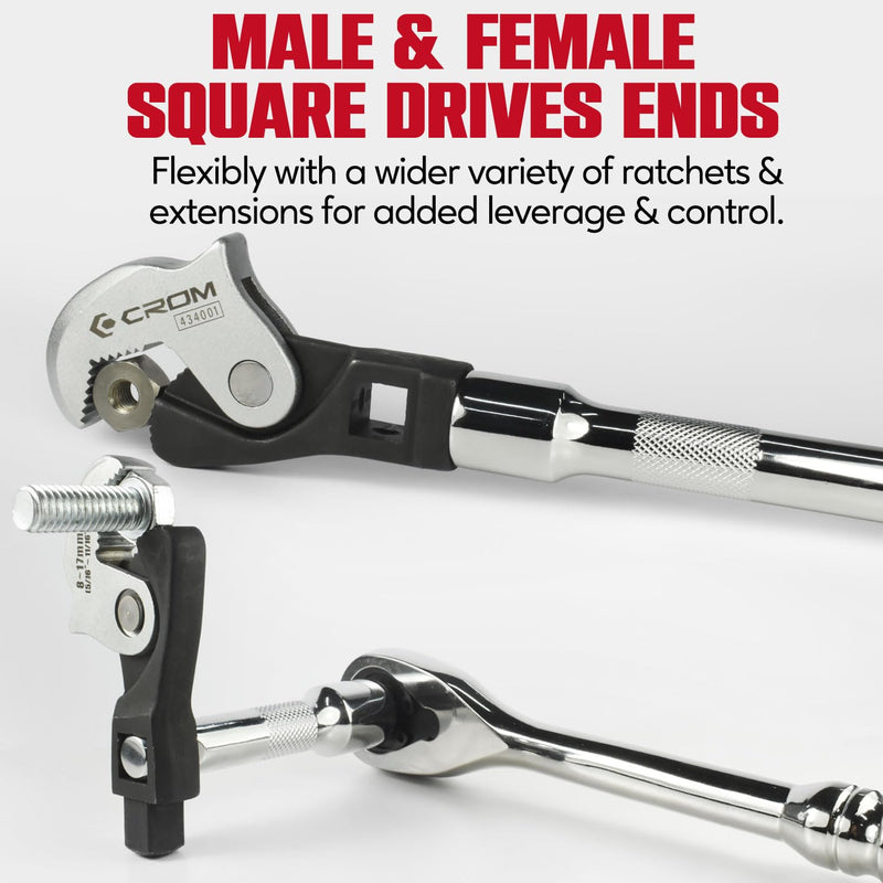 CROM Adjustable Crowfoot Wrench Set - Spring Loaded Wrench – Male & Female Square Drives Work With Ratchet, Breaker Bar, Extension Bar (3 Piece Set (1/4", 3/8", 1/2")) 3 Piece Set (1/4", 3/8", 1/2")