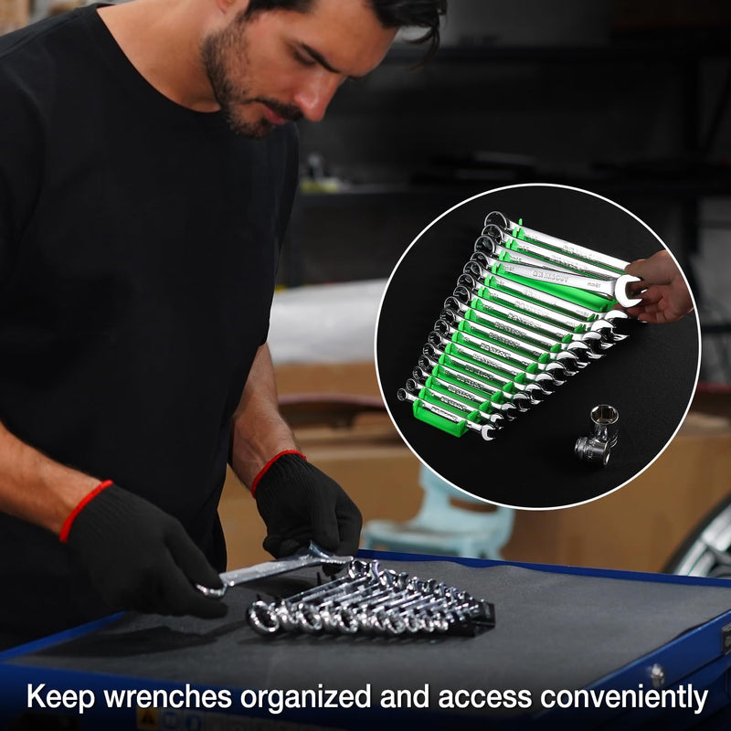 ALOANES 96-Slot ABS Plastic Wrench Organizer, Standard Hanging Wrench Organizer for Tool Box and Wall, Fit SAE & Metric Wrench Storage, 6 Pack Lightweight Wrench Holder(Green) Green 12.5" x 7.4" x 1.2"
