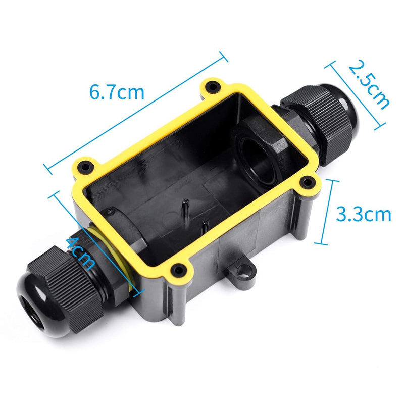Junction box, Anicoll IP68 waterproof cable connector, larger 2-way junction box, earth cable, black electrical outdoor distribution box, M20 cable gland Ø5mm-12mm ABS + PVC, TÜV, VDE (2-way)