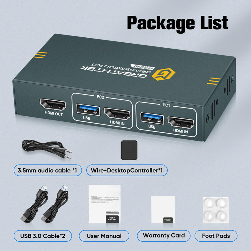 USB3.0 KVM Switch 2 Port HDMI, 4K@60Hz KVM Switch 1 Monitors 2 Computers with 3 USB3.0 Ports, HDMI KVM Switches for 2 PCs Share 1 Monitors and USB Devices, Support Button Switch, EDID