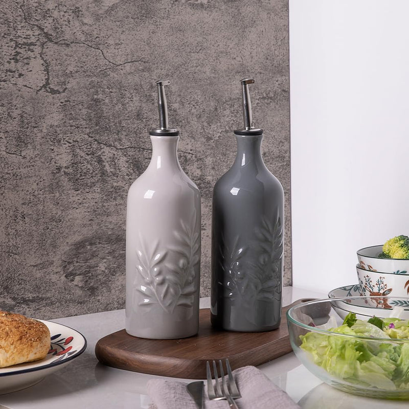 Sweejar Ceramic Olive Oil Dispenser Bottle, 20 Oz Relief Opaque Oil Cruet Protects Oil To Reduce Oxidation, Storage Vinegar, Soy Sauce, Coffee Syrup, Liquids, Set of 1 (Gradient Fog Gray) GradientFogGray 20 oz, Set of 1
