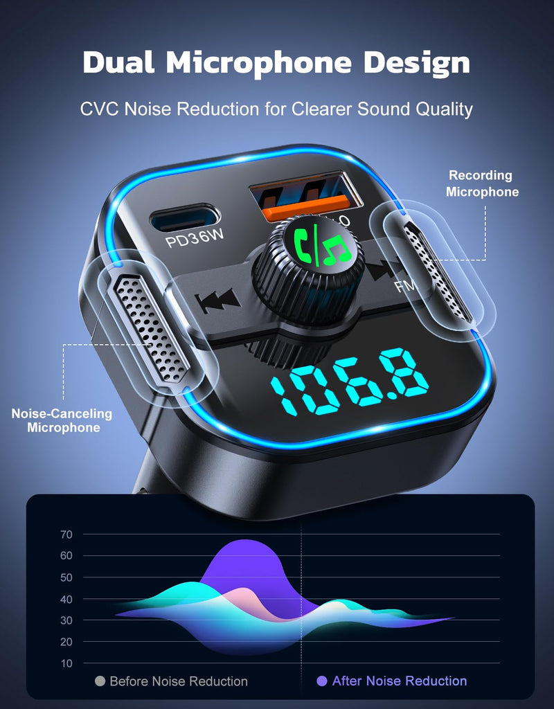 2024 Upgrade Bluetooth 5.3 Car Adapter【PD 36W+QC3.0 18W】, 2-in-1 FM Transmitter 【Dual Stronger Mics】& Fast Car Charger, Wireless Car Radio Adapter Hands-Free Car Kit, Siri Assistant Player