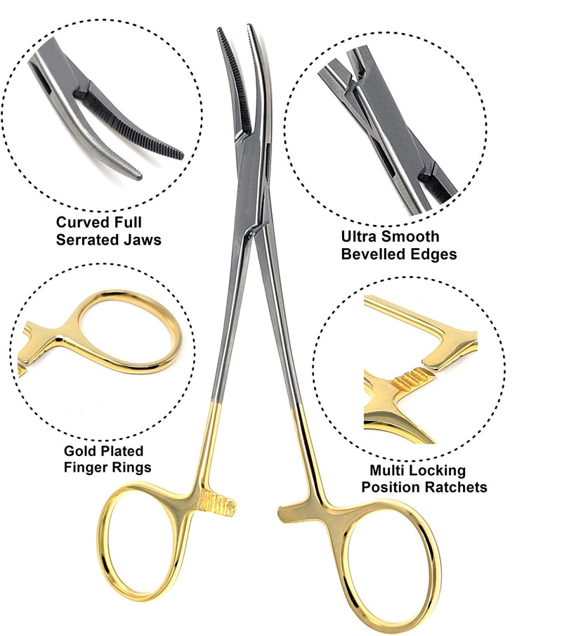 Hemostat Locking Forceps 5" Curved with Full Serrated Jaws Ideal for Clamping, Fishing, Firefighters Nurses Doctors + More (Gold Handle) Gold Handle