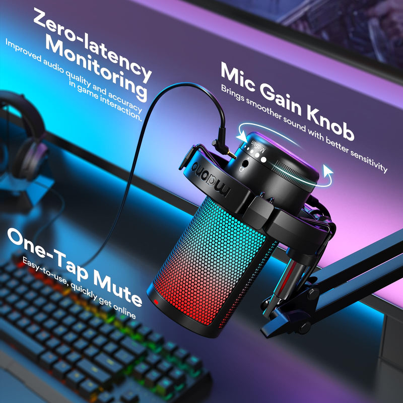 MAONO Gaming USB Microphone, Noise Cancellation Condenser Mic with Mute, Gain, Monitoring, Boom Arm Mic for Streaming, Podcast, Twitch, YouTube, Discord, PC, Computer, PS4, PS5, Mac, GamerWave DGM20S Black