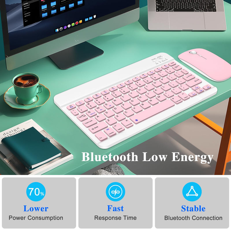 Bluetooth Keyboard & Mouse Combo, QWERTY Layout, 10 inch Ultra-Slim Wireless Rechargeable Keyboard, Lag-Free, Silent Keyboard Compatible with iPhone iPad Computer Tablet Keyboard (Pink) Pink