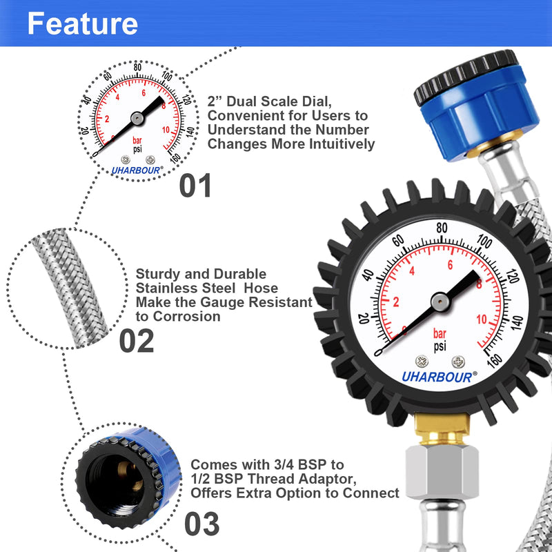 Uharbour Pressure Gauge Water Pressure Gauge 0-11Bar with 160Psi Dual Scale 3/4BSP to 1/2BSP, Buttom Mount, Water Pressure Gauge with Rubber Protection, Black 0-160PSI Bottom Mount