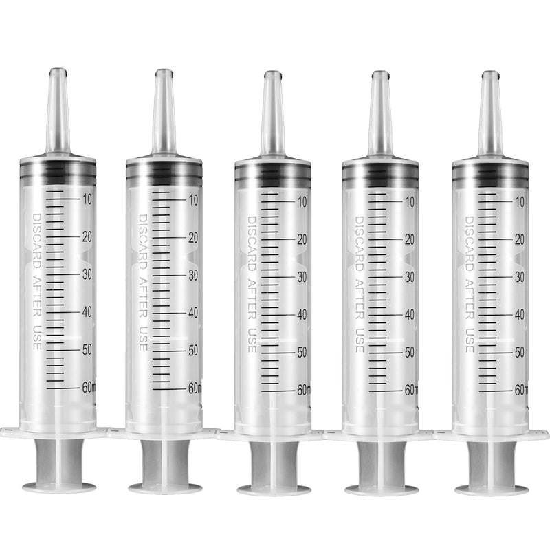 Syringes 60 ml, pack of 5 plastic syringes, plastic syringe, plastic syringe, measuring syringe, dosing syringe for industrial, liquid measurement and dispensing, animal feeding, plant watering