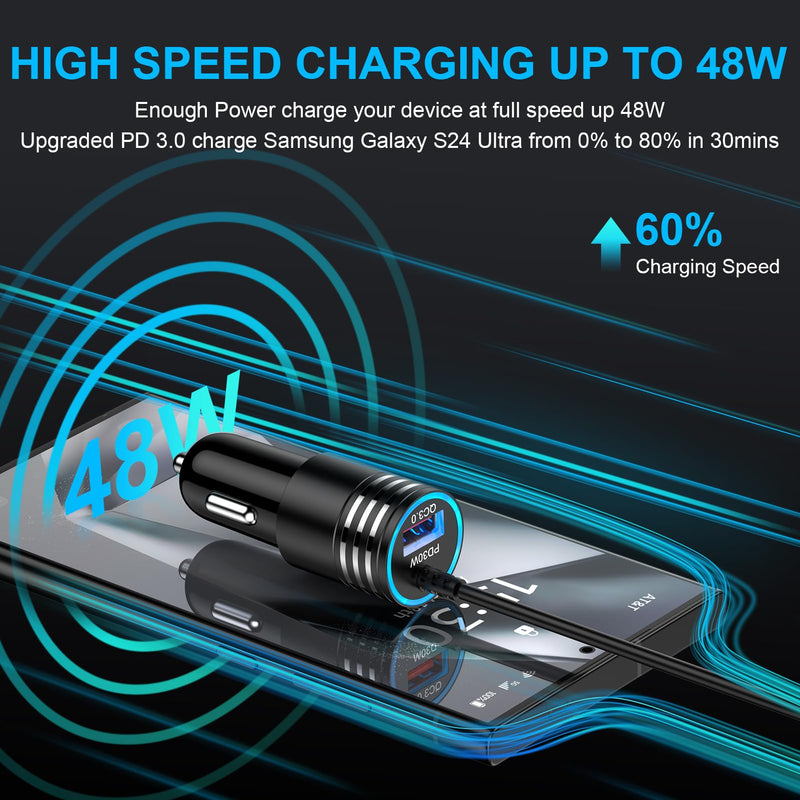 Samsung Car Charger 48W Super Fast USB C Android Car Phone Charger Adapter Cigarette Lighter Charger with Type C Cable Fast Charging for Samsung Galaxy S24 Ultra S23 FE S22 S21 A55 A15 5G A14 A54 A53