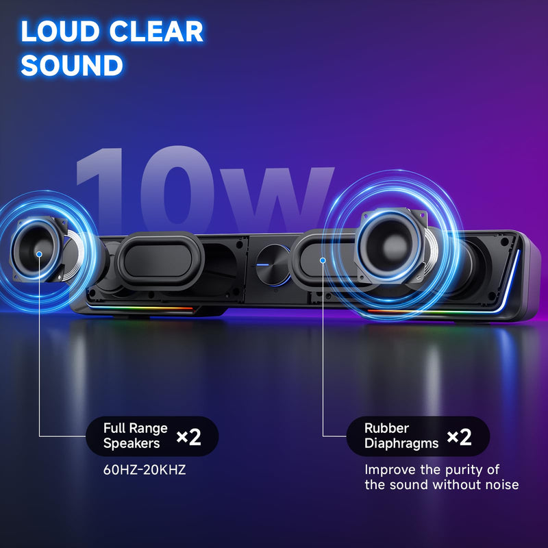 Jeecoo A40 Bluetooth Computer Speakers with Clear Sound, USB Plug & Play PC Speakers with LED Light, Computer Sound Bar with Switch Button for Desktop Laptop Monitor (USB-C Adapter Included) Black