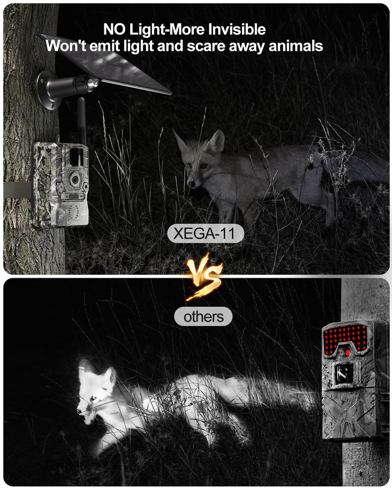 Xega 4G Solar Cellular Trail Camera with Live Feed, 2K GPS 7800mAh Wildlife Camera, No Glow 940nm Night Vision Motion Detection Instant Alarm 2-Way Audio Cloud/TF, Only Support The Build-in SIM Card