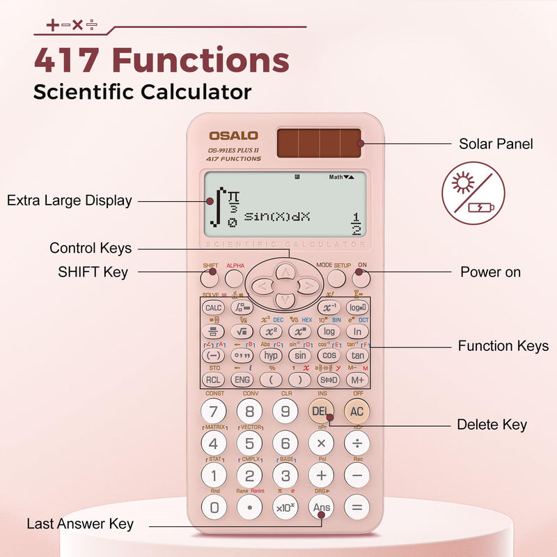 OSALO Scientific Calculator 401 Function 417 Function 2 Line Written Display 10+2 Digits Solar and Battery Calculators Pink