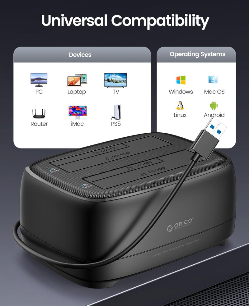 ORICO Hard Drive Docking Station Dual Bay USB 3.0 to SATA with Duplicator/Offline Clone Function External Hard Drive Dock for 2.5''/3.5'' HDD SSD Max Up to 44TB Support UASP Plug&Play-DD-C DD28U3-C