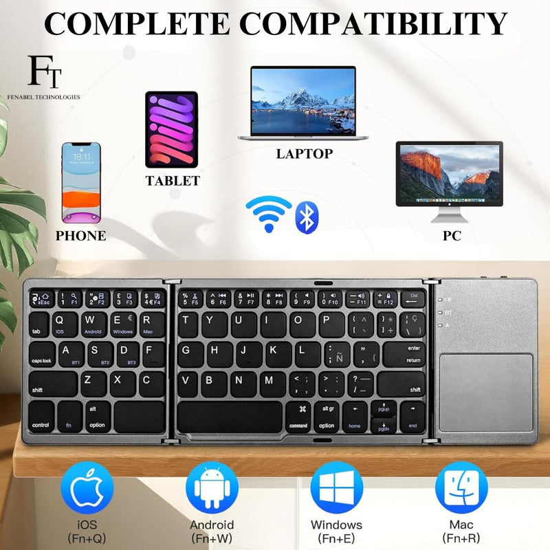 Ultimate Foldable Bluetooth Keyboard with Touchpad | Portable Wireless Keyboard for Phone, Tablet, Laptop | Rechargeable Foldable Keyboard with Ñ | Ergonomic Design