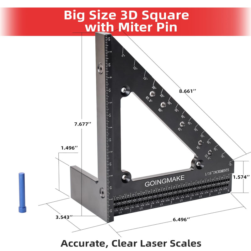 GOINGMAKE Big Carpenter Square 6x7.5 Inch Hole Scribing Ruler 3D Multi Angle Measuring Ruler 22.5-90 Degree Woodworking Square with Fixed Angle Pin 4 in 1 Square for Engineering and Construction