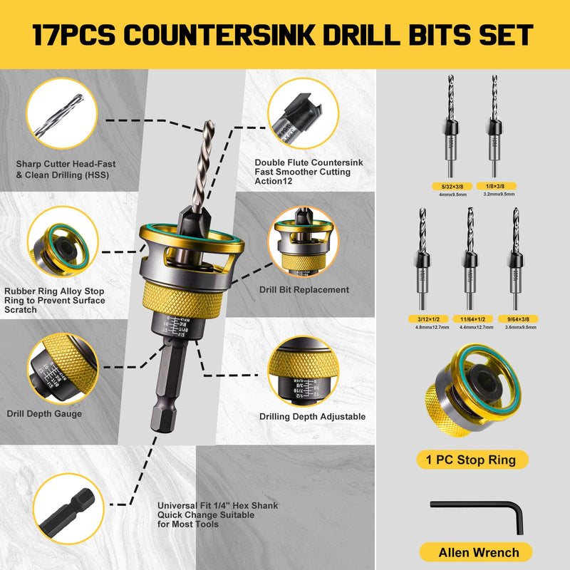 Countersink Drill Bit Set for Wood,17 PCS Counter Sink Drill Bit with 15PCS HSS Tapered Drill Bits and 1/4" Hex Shank Quick Change for Woodworking with Storage Box 17 pcs Yellow