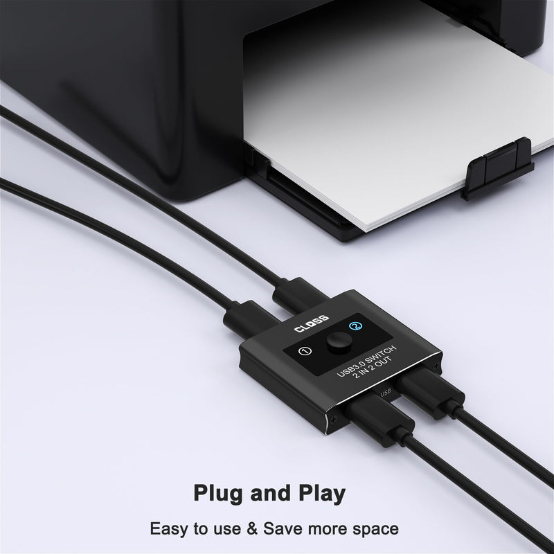 USB 3.0 Switch 2 in 2 Out, USB Switcher for 2 Computers, Share Keyboard, Mouse, Printer, Scanner, KVM Switch Selector, Compatible with Windows, Mac, Linux, Includes 2 USB-A 3.0 Cables 2 PC 2 USB 3.0