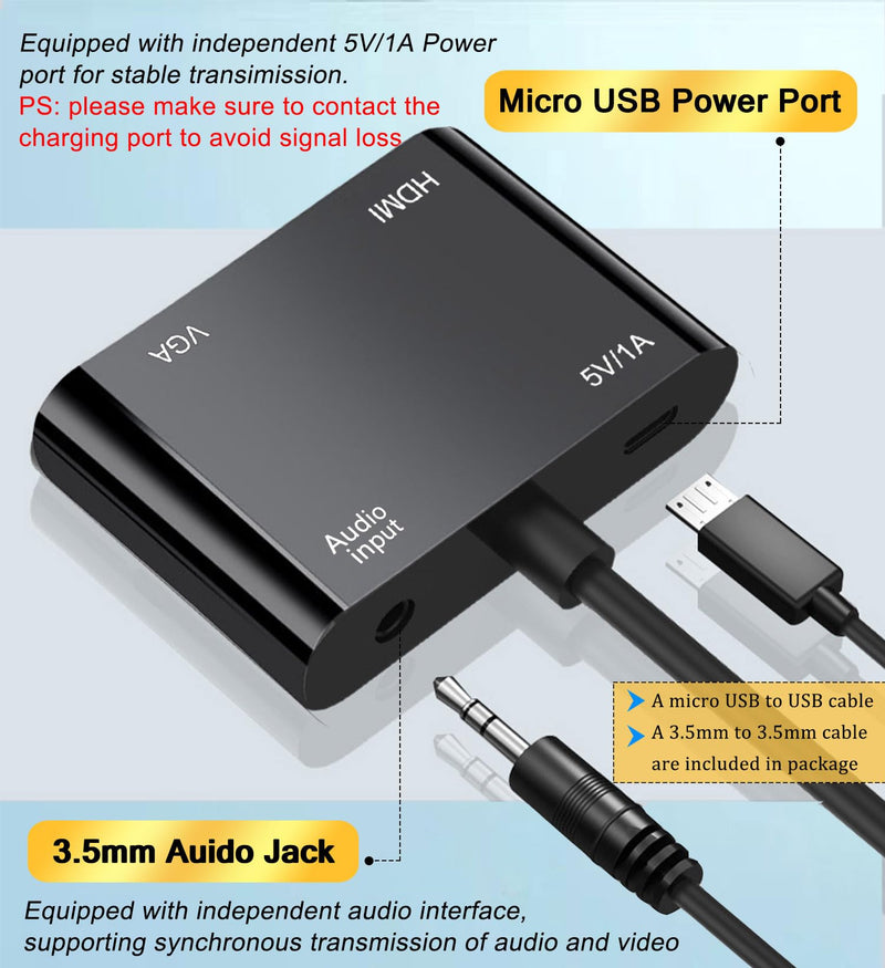 VGA to HDMI+VGA Adapter for Dual monitors, VGA to VGA, VGA to HDMI Adapter Splitter 2 IN 1,1080P@60HZ Full HD Display Video Converter for PC Laptop Link Monitor/HDTV/Projector, Fully Plug & Play