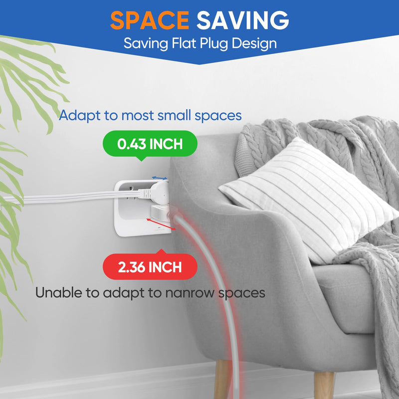 Twin Extension Cord Power Strip - 24FT Dual Extension with Flat Wall Plug, Split Extension Cord with Multiple Outlets, Double Head Outlet for Behind Bed, Couch,Indoor Flush Design(White) White