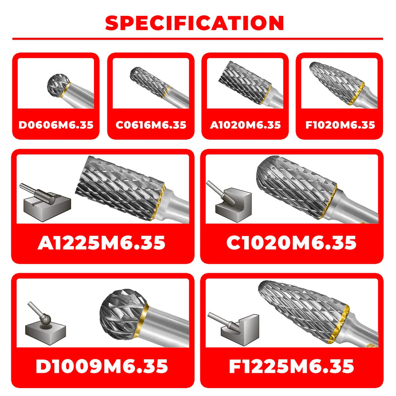 Tungsten Carbide Burr Set 1/4" Shank 8PC Double Cut Rotary Cutting Burrs Die Grinder Bits for Steel and Wood Working, Grinding, Carving, and Engraving Set 8 - 1/4 Shank