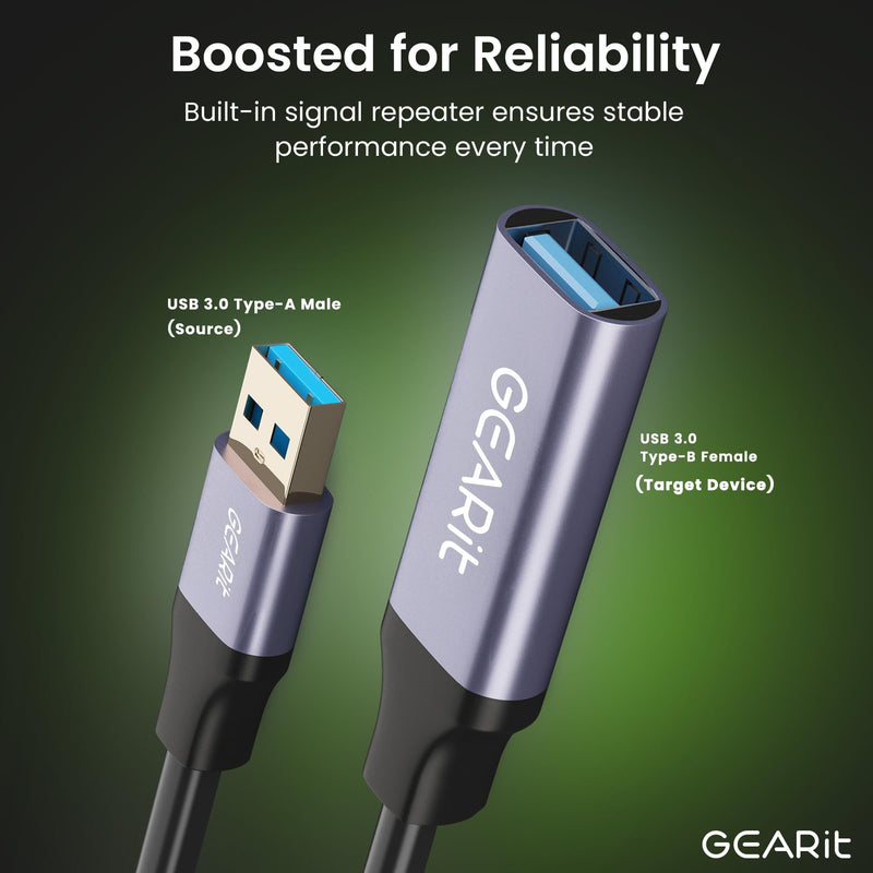 GEARit USB 3.0 Active Extension Cable (30 Feet) A-Male to A-Female USB Repeater with Signal Booster for Oculus Rift, Quest Link, Xbox 360 Kinect, PlayStation, Printer, Webcam - 30ft 30 Feet Black