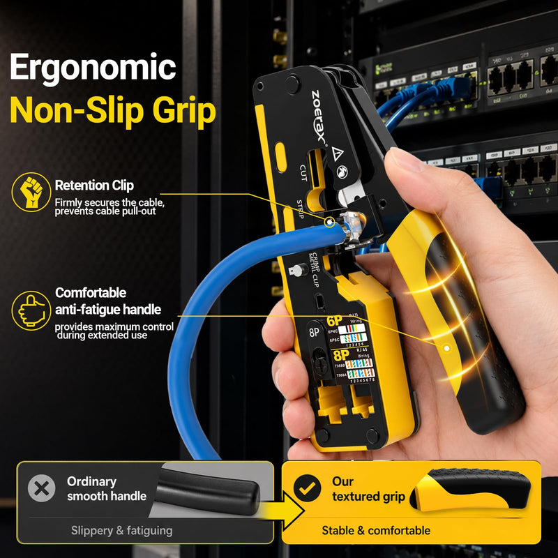 RJ45 Pass-Through Crimping Tool Kit for Cat7, Cat6, Cat5 – Includes Cable Tester, Wire Stripper, Cutter, 50 Cat6 Connectors & Strain Relief Boots – DIY Ethernet Network Tool 8 IN 1 Set