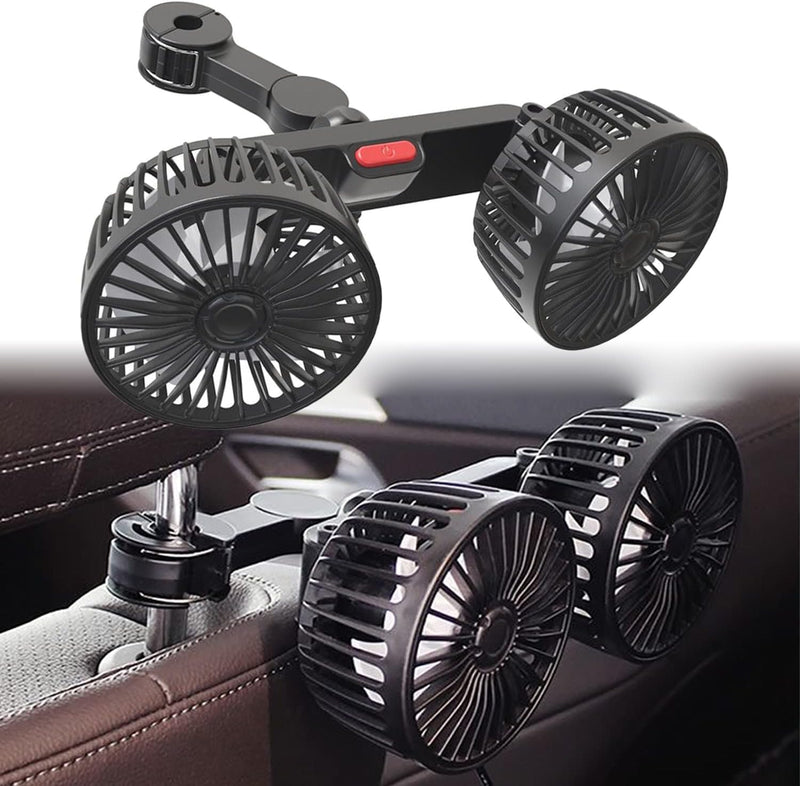 USB Car Fan,Adjustable Dual Head Clip Fan 360° Rotatable Cooling Air Fan for Rear Seat Passenger Portable Car Seat Fan Headrest for Vehicles, SUV, RV, Boat