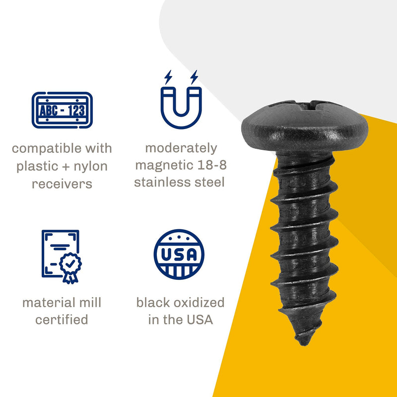 Black License Plate Screws, Black Head Stainless Steel Screws with Pan Head, Black Oxidized Finish (Pack of 4)