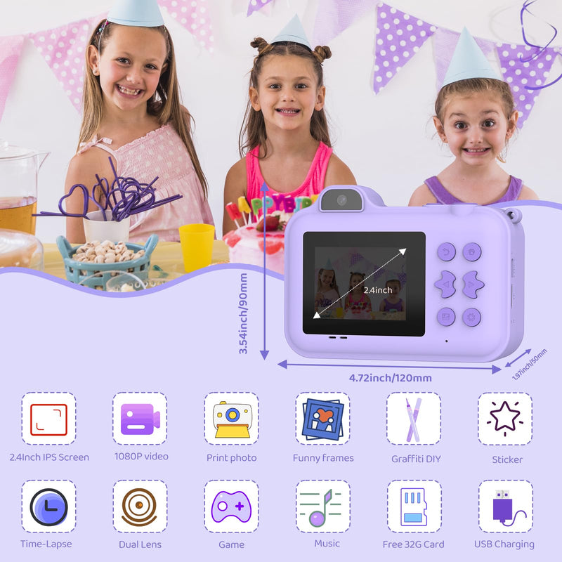 Kids Camera Instant Print,Kids Digital Camera 1080P HD Dual-Lens Selfie,Instant Print Camera with 5 Rolls Paper & 32GB Card,Toddler Camera Christmas Birthday Gifts for Girls Boys Age 3-12 Purple