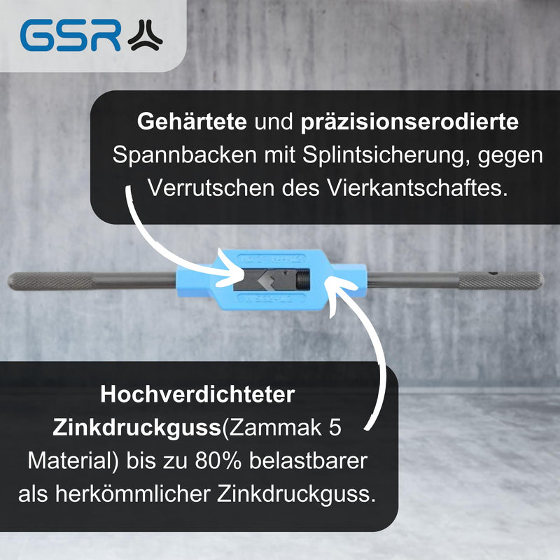 GSR Silver tap wrench DIN 1814 adjustable, hand tap (size 1.1/2 | M1 - M12), clamping jaws made of tool steel, square holder, tap set accessories ‎No. 1.1/2 | M1 - M12 | BSW 1/16-1/2 | G1/8