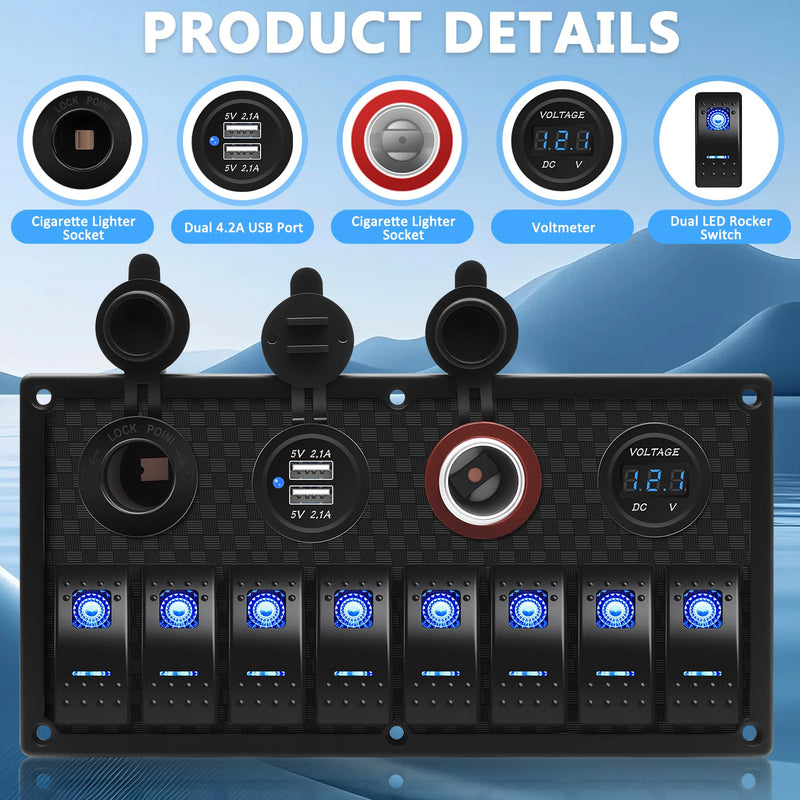 Geloo 8 Gang Marine Rocker Switch Panel, Boat Switch Panel Waterproof, 12V Switch Panel Toggle Switches Panel with LED Circuit Breaker 3.1A USB Charger Voltmeter ON/Off for Car Rvs Vehicles (Blue) Blue