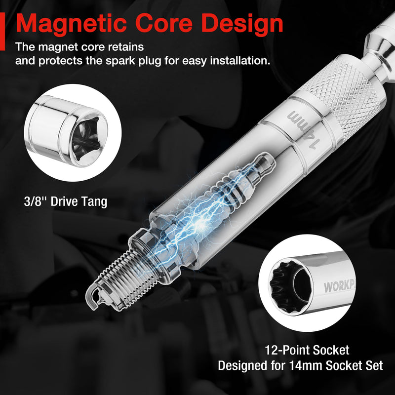 WORKPRO 5/8" Magnetic Spark Plug Socket with Magnetic Design, Swivel Thin Wall Spark Plug Socket, 3/8" Drive x 4" Total Length, 360 Degree Swivel, 12 Point 5/8"×4"