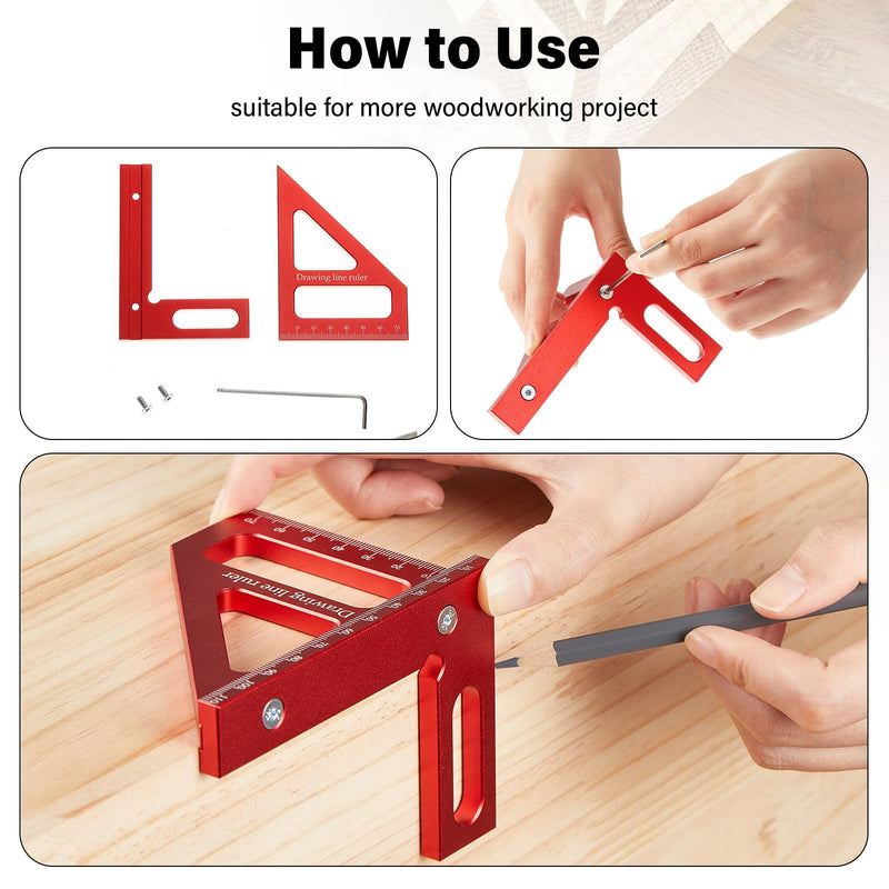 4 Pcs Woodworking Ruler, Metal Precision Pocket Rulers 12, 8, 6 Inch with 3D Multi Angle Measuring Ruler 45/90 Degree for Precision Measuring Marking Inch and Metric