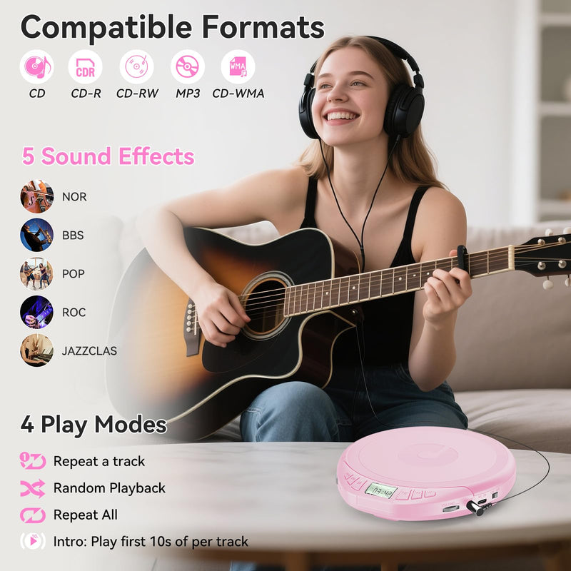 Gueray Portable CD Player with Earphones,CD Discman for Car Home with Anti-Skip Shockproof Protection,Personal CD Music Player with LCD Display Support PROG Memory Function H-01 Pink