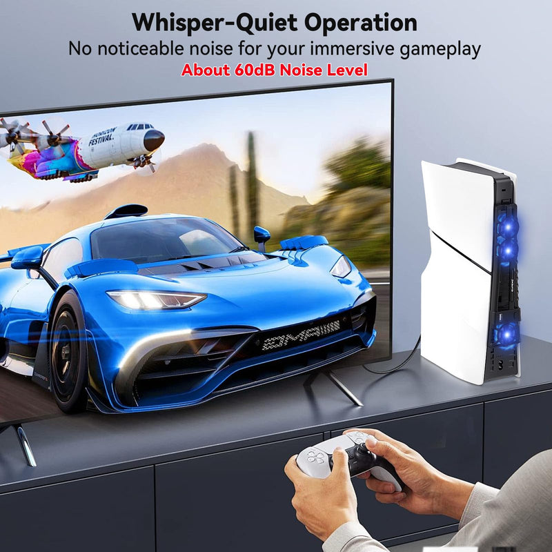ELUTENG Cooling Fan for PS5 Slim Console Quiet Cooler Fan for PS5 Slim Disc and Digital Editions with 3 Adjustable Speeds Auto on Off Cooling Accessories for PS5 Slim with LED Light and USB 2.0 Port
