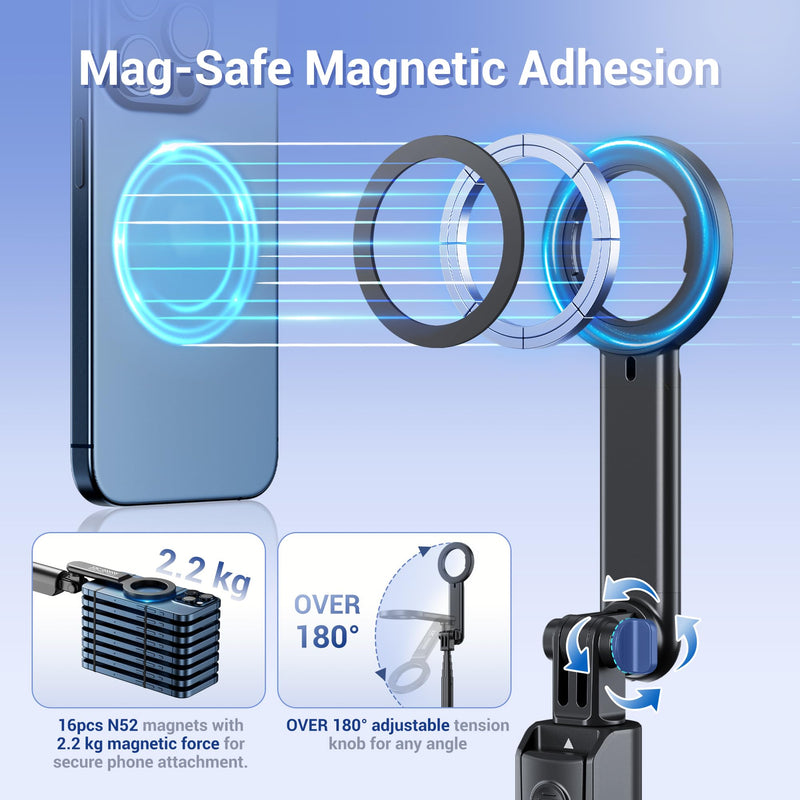 40.9" Magnetic Selfie Stick Tripod for Phone,Extendable Phone Tripod Stand with Detachable Wireless Remote & Magnet Clip Compatible with MagSafe for iPhone 17 16 15 14 13 Pro Max Plus Gopro&All Phones BLACK
