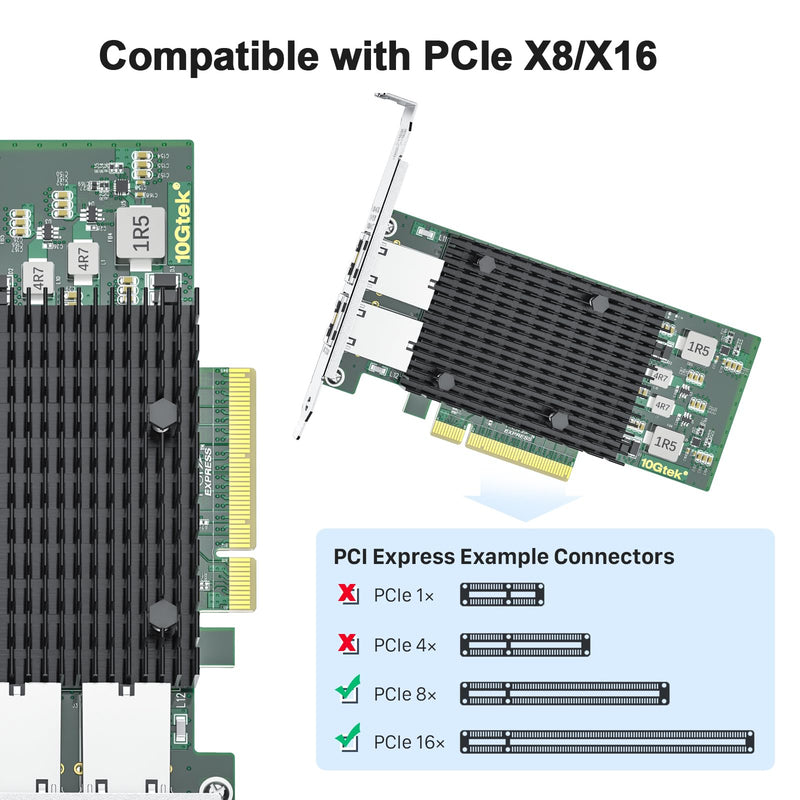 10Gtek 10Gb Dual RJ45 Port Network Card with X540 Controller, PCIe Ethernet LAN Adapter for Windows/Linux/ESX Servers, Compare to Intel X540-T2 X540-10G-2T(2xRJ45) X1