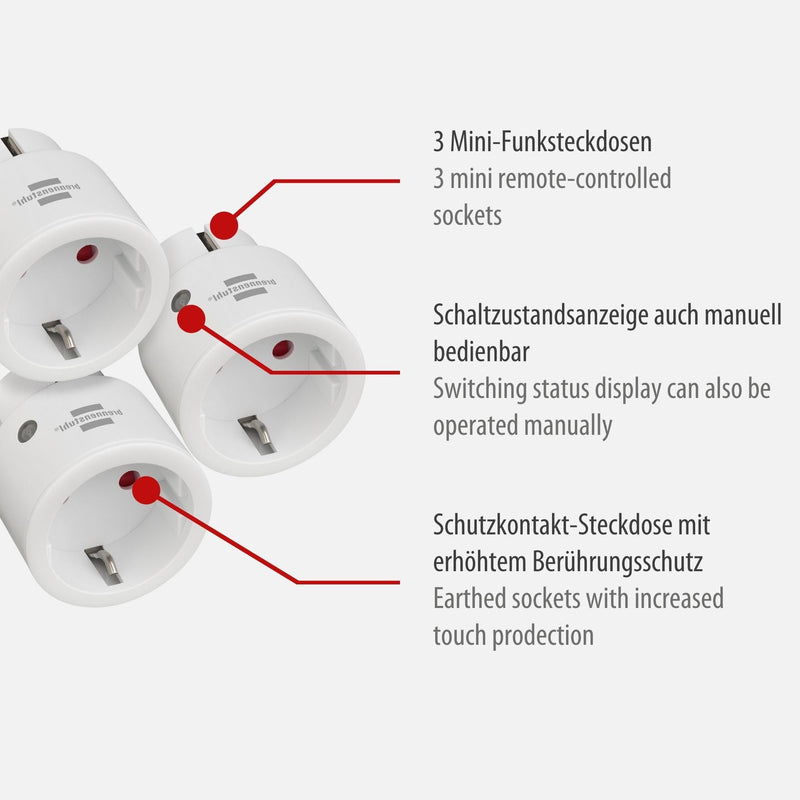 Brennenstuhl Comfort-Line Wireless Socket Set Mini 3+1 Set of 3 | Indoor, with hand-held transmitter and increased touch protection, white 3 Mini-Funksteckdosen 3 mini radio sockets Single without power strip, white